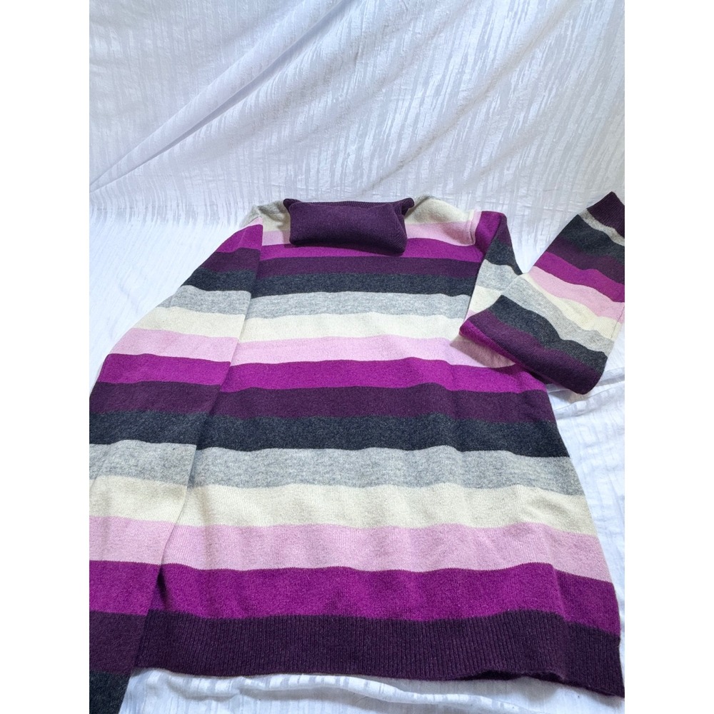 Mainbocher Pure Cashmere Turtleneck Sweater XL Purple Pink Striped Knit‎ Top